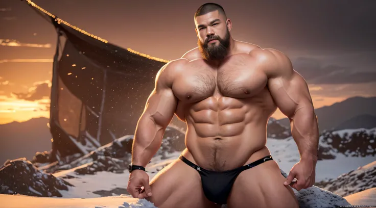 A Chinese bodybuilder，Covered in fur，the super hot and sexy，Blonde hair, short detailed hair, on a snowy mountain，Sunset lights, Short beard perfect figure with tattoos, Very huge and strong body, Bulging muscles, musculous, Very large pectoral muscles，Ver...