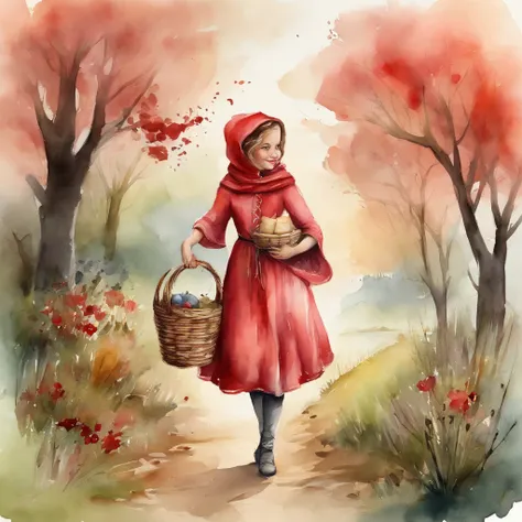 Picture of a girl in a pink dress, holding a basket, Picnic, dressed in a beautiful red robe, fairy-tale illustration style, In the art style of Vbowater, Little Red Riding Hood Thief, Cute picture of the character, red cap, Hood & Cover , red cape, Cute a...