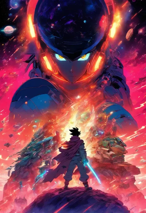 Anime-Typ, der auf dem Boden sitzt und den Planeten betrachtet, Weltraum-Cowboy, Cyber-Weltraum-Cowboy, inspiriert von Josan Gonzalez, Makoto Shinkai ( Apex-Legenden ), Akira Kunststil, Ross Tran Stil, Akira-Vibes, Akira-Kunststil, schwebend neben Planeten...