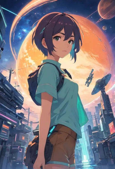 Anime-Typ, der auf dem Boden sitzt und den Planeten betrachtet, Weltraum-Cowboy, Cyber-Weltraum-Cowboy, inspiriert von Josan Gonzalez, Makoto Shinkai ( Apex-Legenden ), Akira Kunststil, Ross Tran Stil, Akira-Vibes, Akira-Kunststil, schwebend neben Planeten...