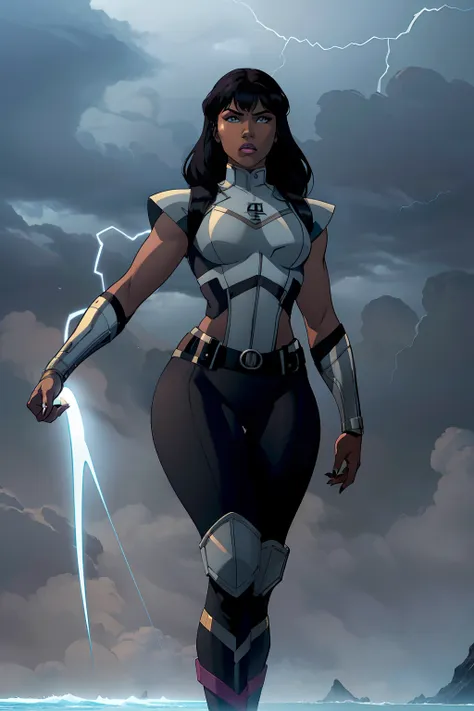 (masterpiece), (best quality), ((Nicki Minaj)), makeup, (brown skinned female), (thick thighs), ((small breasts:1:1)), ((wide waist)), hair with bangs, ((storm from x-men outfit)), ((grey background)), contoured