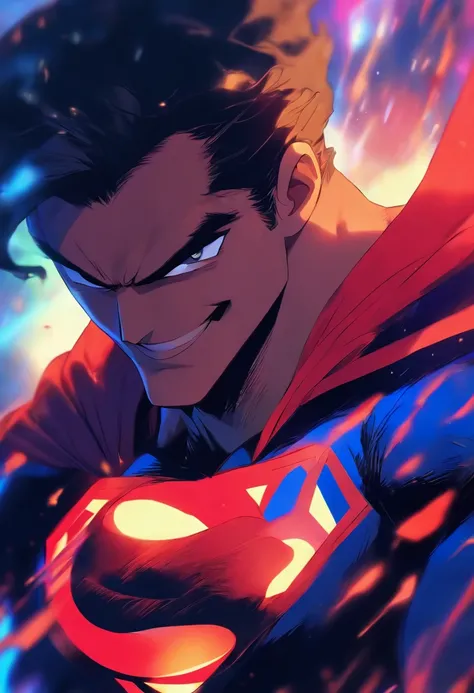 Man wearing Superman suit evilly, evil smile, stunning style