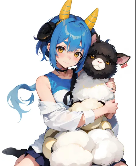 Anime style, smiling  girl, Girl hugging stuffed sheep in pasture, Blue Short Twin Tail, 20yr old, There is only one horn on the left head, but no others, Yellow thick eyebrows, The ears are not human ears, but sheeps ears, sitting on　Taken from the right　...