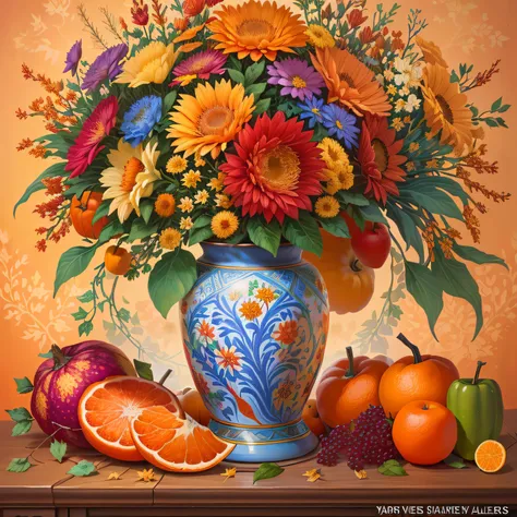 there is a painting of a vase of flowers and fruit on a table, harvest fall vibrance, harvest, harvest fall vibrancy, renaissance autumnal, fall vibrancy, by Jaime Jones, fruit and flowers, by Randy Gallegos, the goddess of autumn harvest, by Laura Wheeler...