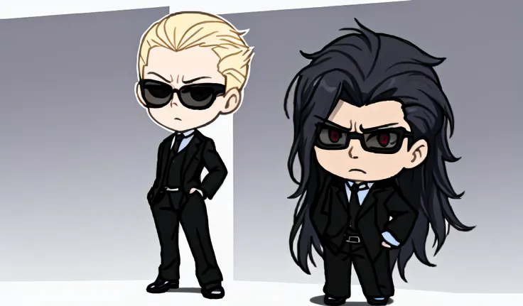 Caricatura de un hombre con traje negro y gafas de sol, Chibi, inspirado por INO, Lleva un parche en el ojo, Design inafune, Arte Chibi Digital Avanzado, Albert Wesker, neo goth, T-1000, Retrato de cuerpo entero de Albert Wesker, Similar a Malfoy, Fanart o...