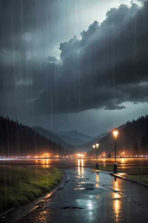 rain, night, landscape