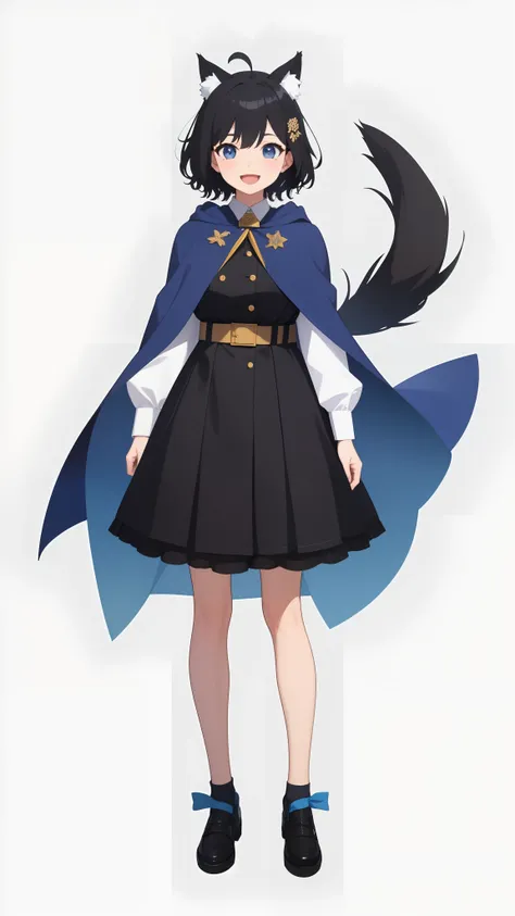 Full body,((Upright)), ((Arms at sides)), Looking at Viewer, simple background、White background, 1girl in, Open mouth, Smile, Virtual Youtuber、girl with、((Best Quality, high_resolution, Distinct_image)),(Black hair), (Black cat ears), (Ahoge), (absurdly sh...