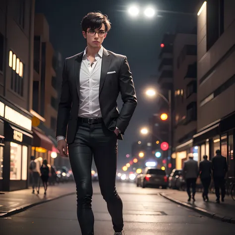 Homem escritor, Short hair with bangs and round black glasses with light gray blazer, camisa social preta, Black jeans and black all-star sneakers and 
 white in the background of the big city at night, 8k, HD.