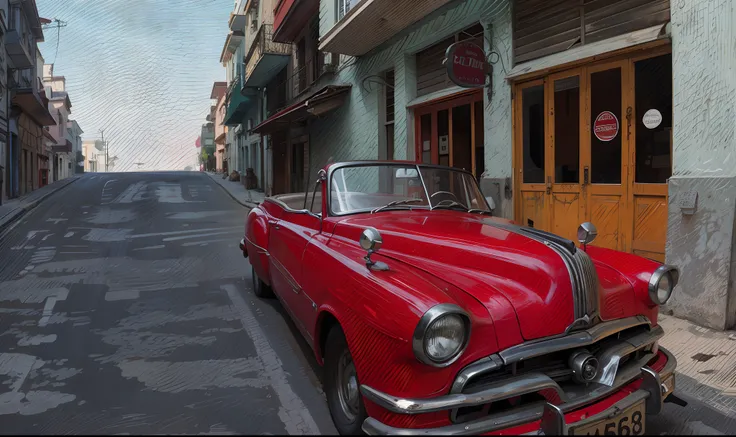 painting of a red car parked on a street in a city, classic car, red car, cuban setting, hdr digital painting, in style of digital painting, vintage car, stylized digital illustration, old car, drawn with photoshop, in a oil painting style, oil paint style...