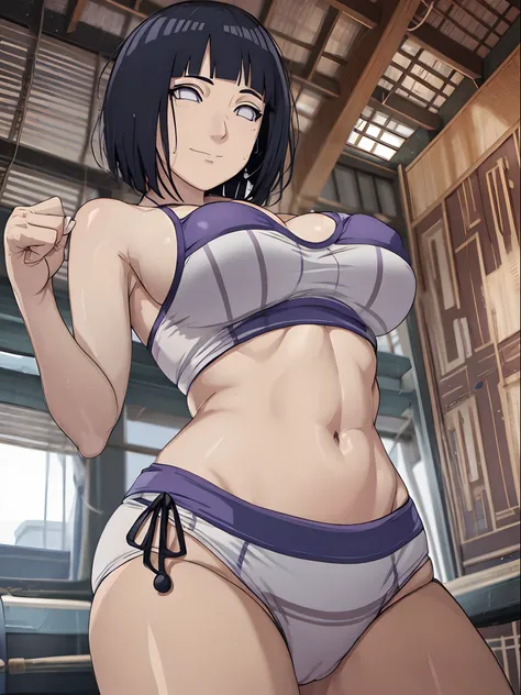 (ultra detailed), poster, anime style, hires ((wrestling ground)), (hinata(boruto), (female wrestler), (slender body, sweating, tired), mature woman, milf, (bikini, ultra detailed pro wrestling gear) victorious, gorgeous, winner, kind face, smile, closed m...