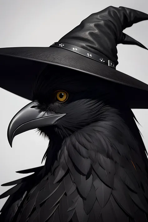 portrait of a black bird head wearing a witch hat, pointy hat, leather hat, black hat, crow, feathers, black feathers, white feathers, skull shaped motif in feathers, long black beak