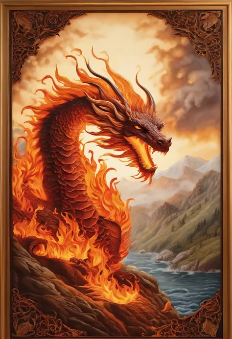 Best Quality, Top image quality, Top resolution, Intricate details, Craftsmanship, (Papercut:1.3), The work of a magician with fire magic, Ring of Fire, Dragon engulfed in flames, Cutting framed paper, Protruding from the flame of the flame, Actual Paper B...