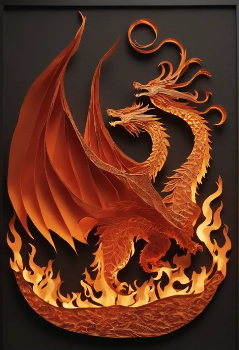 Best Quality, Top image quality, Top resolution, Intricate details, Craftsmanship, (Papercut:1.3), The work of a magician with fire magic, Ring of Fire, Dragon engulfed in flames, Cutting framed paper, Protruding from the flame of the flame, Actual Paper B...