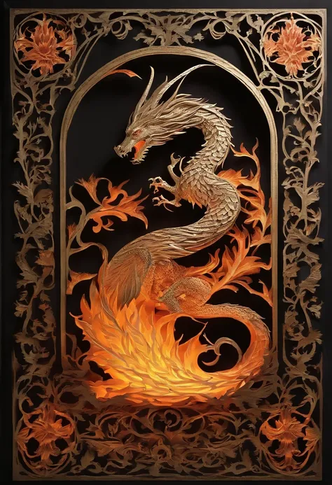 Best Quality, Top image quality, Top resolution, Intricate details, Craftsmanship, (Papercut:1.3), The work of a magician with fire magic, Ring of Fire, Dragon engulfed in flames, Cutting framed paper, Protruding from the flame of the flame, Actual Paper B...