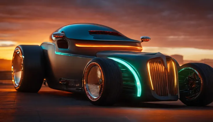 a 3/4 front view of ((futuristic cyberpunk hotrod zeekars)) (with glowing tires), next to ((gal gadot)), at the parking lot, sunset