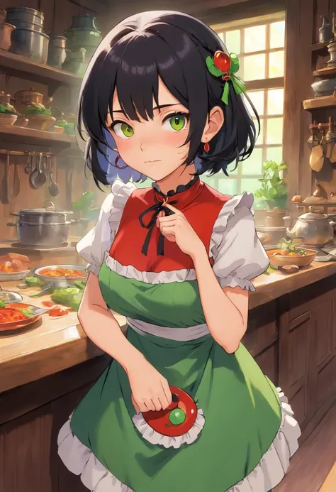 1girl,solo,goblin girl,black hair, short hairs,red eye,colored skin,green skin,huge breasts,smug,maid,ring earrings,chocker,indoor,cowboy shot,Mop in hand