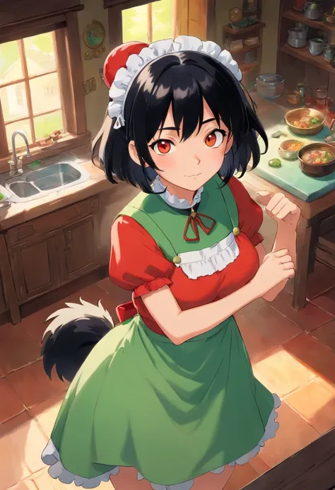 1girl,solo,goblin girl,black hair, short hairs,red eye,colored skin,green skin,huge breasts,smug,maid,ring earrings,chocker,indoor,cowboy shot,Mop in hand