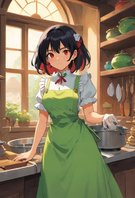 1girl,solo,goblin girl,black hair, short hairs,red eye,colored skin,green skin,huge breasts,smug,maid,ring earrings,chocker,indoor,cowboy shot,Mop in hand