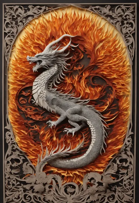 Best Quality, Top image quality, Top resolution, Intricate details, Craftsmanship, (Papercut:1.3), The work of a magician with fire magic, Ring of Fire, Dragon engulfed in flames, Cutting framed paper, Protruding from the flame of the flame, Actual Paper B...