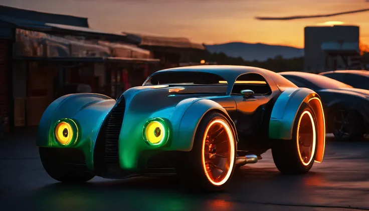 a 3/4 front view of ((futuristic cyberpunk hotrod zeekars)) (with glowing tires), at the parking lot, sunset