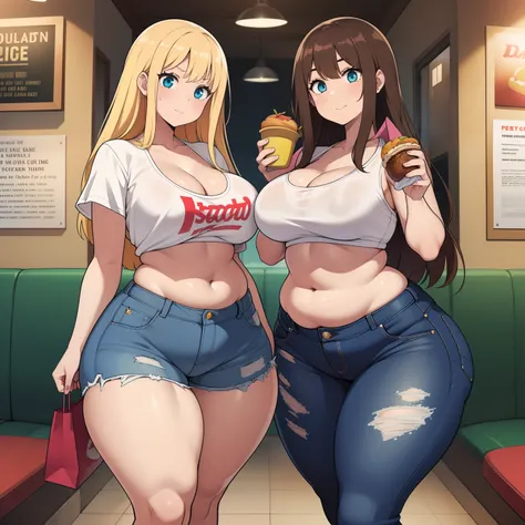 ((highres)), Masterpiece, high quality, best quality, beautiful, perfect lighting, detailed face, ultra cute face, ((2girls)), one girl has blonde hair, blue eyes, crop top and shorts skindentation, one girl has brown hair, green eyes, jeans, white shirt, ...