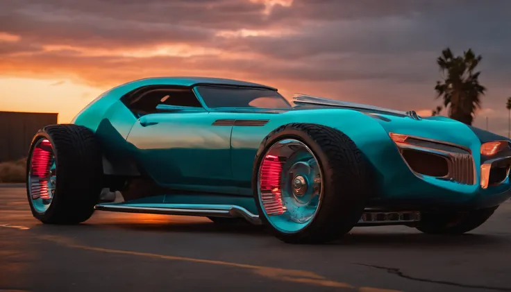 a 3/4 front view of ((futuristic cyberpunk hotrod zeekars)) (with glowing tires), next to ((gal gadot)), at the parking lot, sunset