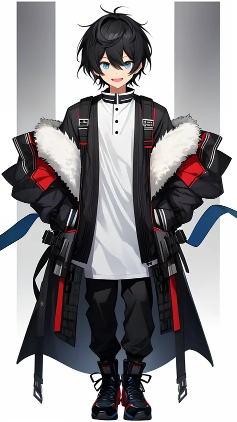 Full body,((Upright)), ((Arms at sides)), Looking at Viewer, simple background、White background, 1 man, Open mouth, Smile, Virtual Youtuber、man、((Best Quality, high_resolution, Distinct_image)),(Black hair), (absurdly short hair), , (Blue eyes),、A smile、(w...