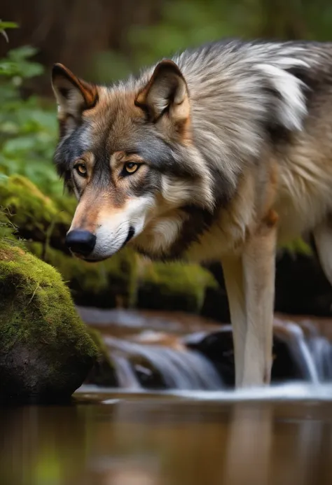 Wolf watching water from a stream