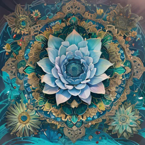 Imagine cenas tranquilas inspiradas na filosofia budista，A vibrant lotus flower stands out against a background of intense turquoise tones。The lotus flower symbolizes purity and enlightenment，Intricate petals bloom，emanating a sense of serenity。When you lo...