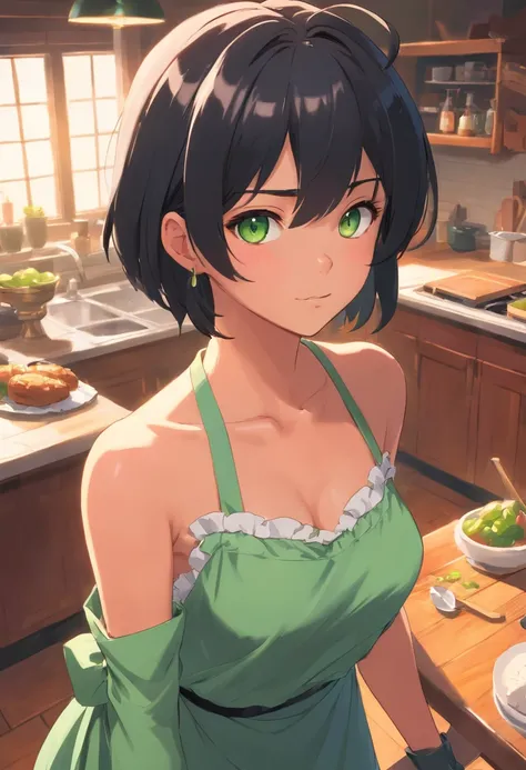 1girl,solo,goblin girl,black hair, short hairs,red eye,colored skin,green skin,huge breasts,smug,maid,ring earrings,chocker,indoor,cowboy shot,Mop in hand