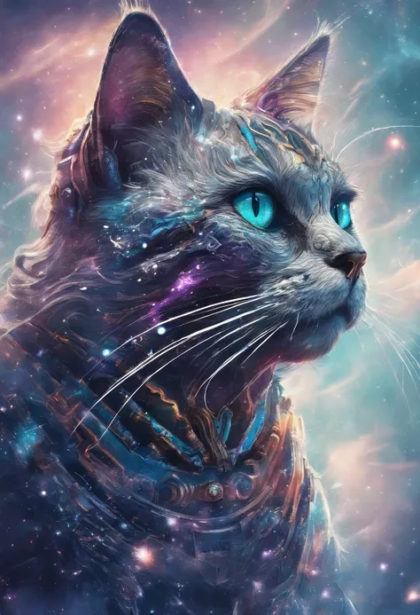 galactic cat with a lot of hair on its head, third eye, staring at something in the distance, intricate details,  electric, fantasy art, Anato Finnstark, emulsion painting, highly detailed, misty
rutkowski, hdr, hyperdetailed, rim light, faded, dim