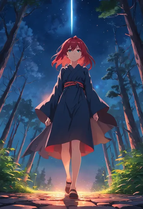 (Masterpiece), (High quality) Witch, black robe, red hair, stone floor, stars, night sky. A mysterious forest. Hyper-detailed rendering, anime style, 8k, Detailed eyes, perfect eyes, epic, dramatic, cool, cool, full body, Intricate design and details, Dram...