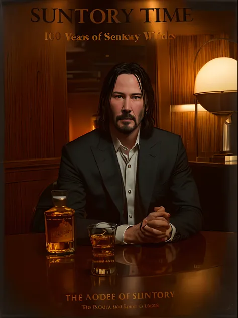 Ala Fed poster of man sitting at table drinking whiskey, Portrait of Keanu Reeves, Keanu Reeves, 4 0 years old, 40 years old, Portrait of John Wick, 30 years old, 3 0 years old, whiskey, Snake Oil Album, 70s, 2023, 70s, 2 0 2 3