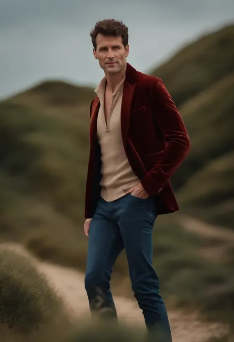 A handsom man in red, the style of patrick demarchelier. wearing a red velvet jacket and blue jeans , Tall and fit, (40 years old:1.1), (shaven:1.2), (short brown hair and a little curly:1.5),(very short hair:1.6). in the style of ethereal beauty, realisti...