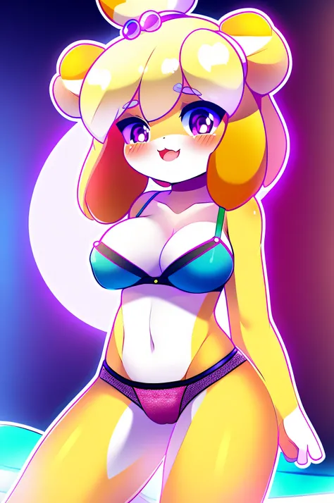 isabelle from animal crossing, anthro, beautiful girl, full body, attractive body, slim beautiful body, attractive beautiful face, flat chest, ultra hd, hdr,  intricate detail, masterpiece, 8k, nsfw, in the style of tsampikos, high saturation, glowing colo...