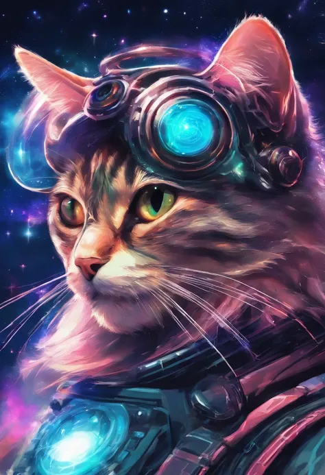 Galactic cat with a lot of hair on his head, terceiro olho, olhando para algo distante, detalhes intrincados, Electric, arte de fantasia, estilo cyber punk,olhos detalhados,olhos lindos, Anato Finnstark, emulsion painting, altamente detalhado, rutkowski en...