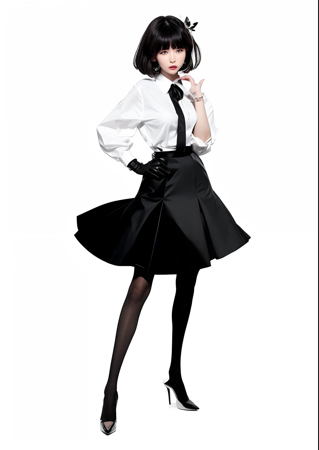 beautiful girl in a skirt and a white shirt with a baterfly brooch on her head, single character full body, wearing a black dress, black stiletto heels, full body single character, full body!!