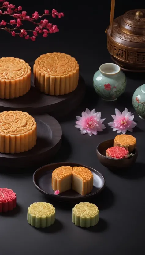 clew：A photo full of Mid-Autumn Festival atmosphere，It shows delicious mooncakes and a bright moon。in the photo，A plate of beautiful mooncakes is placed in a traditional mooncake box，The surface of the mooncake is painted with delicate patterns and pattern...