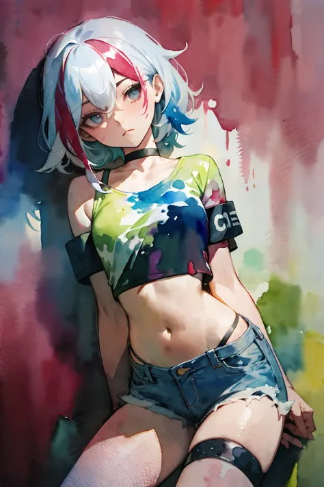 absurdres, best quality,1girl, solo, streaked hair, crop top, denim shorts, choker, (watercolor:1.5),  paint splatter, arms behind back, (slouching), leaning back, against wall, (leaning to the side:0.25), looking at viewer, armband, thigh strap, streaked ...