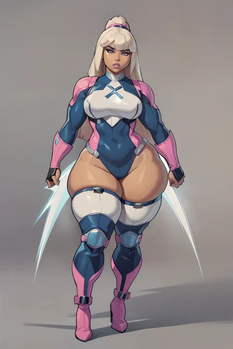 (masterpiece), (best quality), ((Nicki Minaj)), makeup, (brown skinned female), (thick thighs), ((small breasts:1:1)), ((wide waist)), hair with bangs, ((storm from x-men outfit)), ((grey background)), (full body) contoured