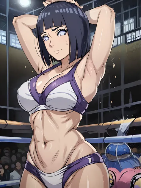 (ultra detailed body, ultra detailed face), poster, anime style, hires ((pro wrestling arena, pro wrestling match)), (hinata(boruto), (female wrestler), (slender body, sweating, tired), mature woman, milf, (tight bikini, ultra detailed pro wrestling gear),...