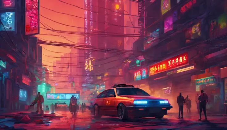 Illustration of a busy cyberpunk city street with people and cars, uma pintura digital inspirada em Liam Wong, trending in behance, arte conceitual, Arte de uma rua de Hong Kong, cartaz impresso de rua, detailed cyberpunk illustration, Estilo da cidade mur...