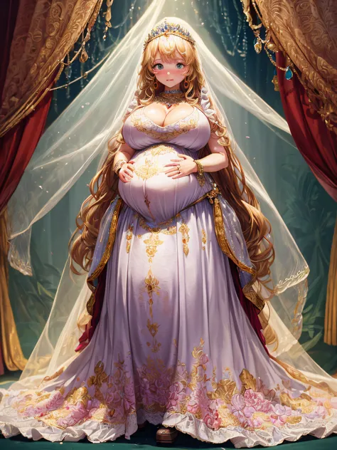 (masterpiece, best quality,extremely detailed:1.1),(moe anime art style:1.2),1girl,((full body,focus face)),((solo)), cute, kawaii,digital art,((1 bling-bling pregnant princess wearing beautiful embroidery and jeweled gorgeous rococo ballgown with jeweled ...