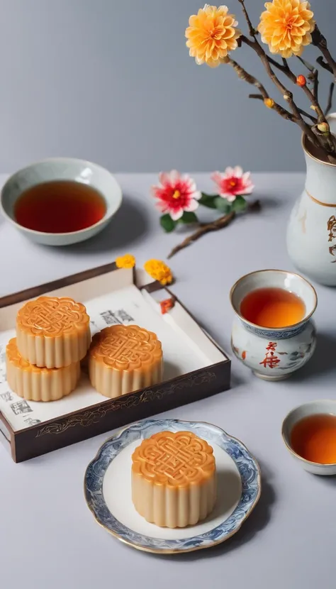 clew：A photo full of Mid-Autumn Festival atmosphere，It shows delicious mooncakes and a bright moon。in the photo，A plate of beautiful mooncakes is placed in a traditional mooncake box，The surface of the mooncake is painted with delicate patterns and pattern...