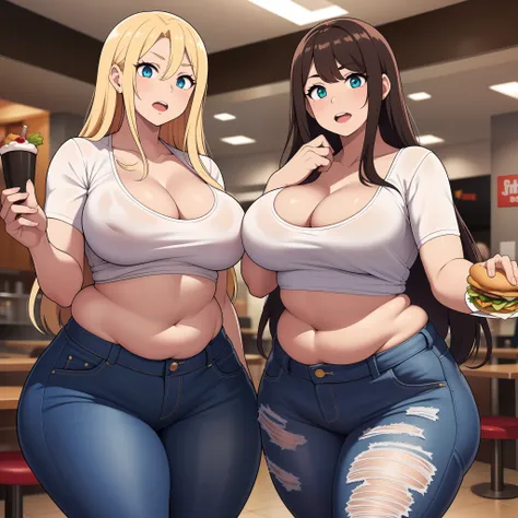 ((highres)), Masterpiece, high quality, best quality, beautiful, perfect lighting, detailed face, ultra cute face, ((2girls)), one girl has blonde hair, blue eyes, crop top and shorts skindentation, one girl has brown hair, green eyes, jeans, white shirt, ...