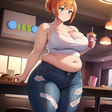 ((highres)), Masterpiece, high quality, best quality, beautiful, perfect lighting, detailed face, ultra cute face, ((1girl)), ((solo)), skindentation, one girl has orange hair, green eyes, jeans, tank top, thighs clothes, full body, fast food restaurant, m...