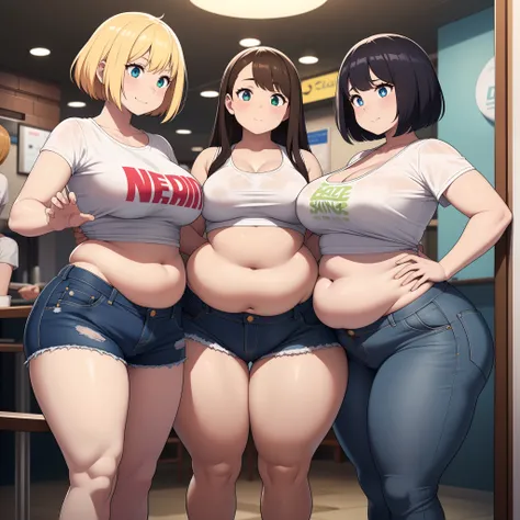 ((highres)), Masterpiece, high quality, best quality, beautiful, perfect lighting, detailed face, ultra cute face, (((3girls))), one girl has blonde hair, blue eyes, crop top and shorts skindentation, one girl has brown hair, green eyes, jeans, white shirt...