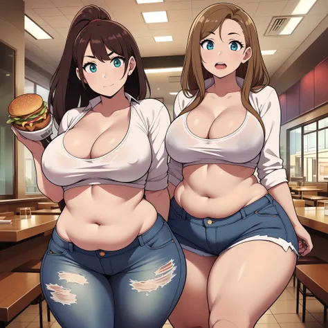 ((highres)), Masterpiece, high quality, best quality, beautiful, perfect lighting, detailed face, ultra cute face, ((2girls)), one girl has blonde hair, blue eyes, crop top and shorts skindentation, one girl has brown hair, green eyes, jeans, white shirt, ...