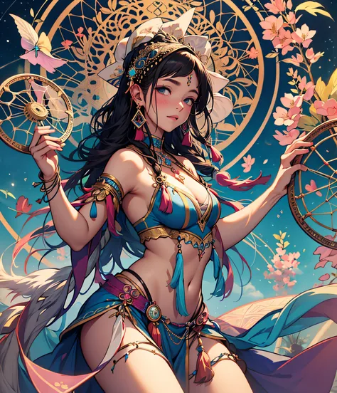 celestial dancer with attire adorned with dreamcatcher patterns. She carries a dreamcatcher hoop and uses her dances to guide dreamers to celestial realms in their slumber.