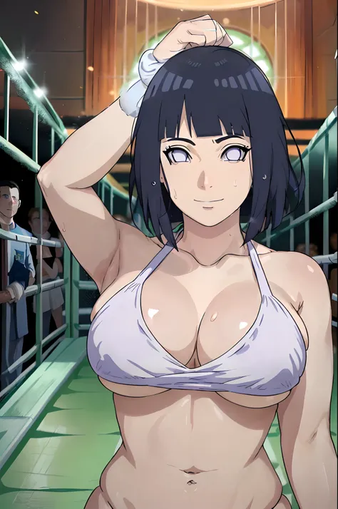 (ultra detailed body, ultra detailed face), poster, anime style, hires ((pro wrestling arena, pro wrestling match)), (hinata(boruto), (female wrestler), (thick body, sweating, tired), mature woman, milf, (tight bikini, ultra detailed pro wrestling gear), v...